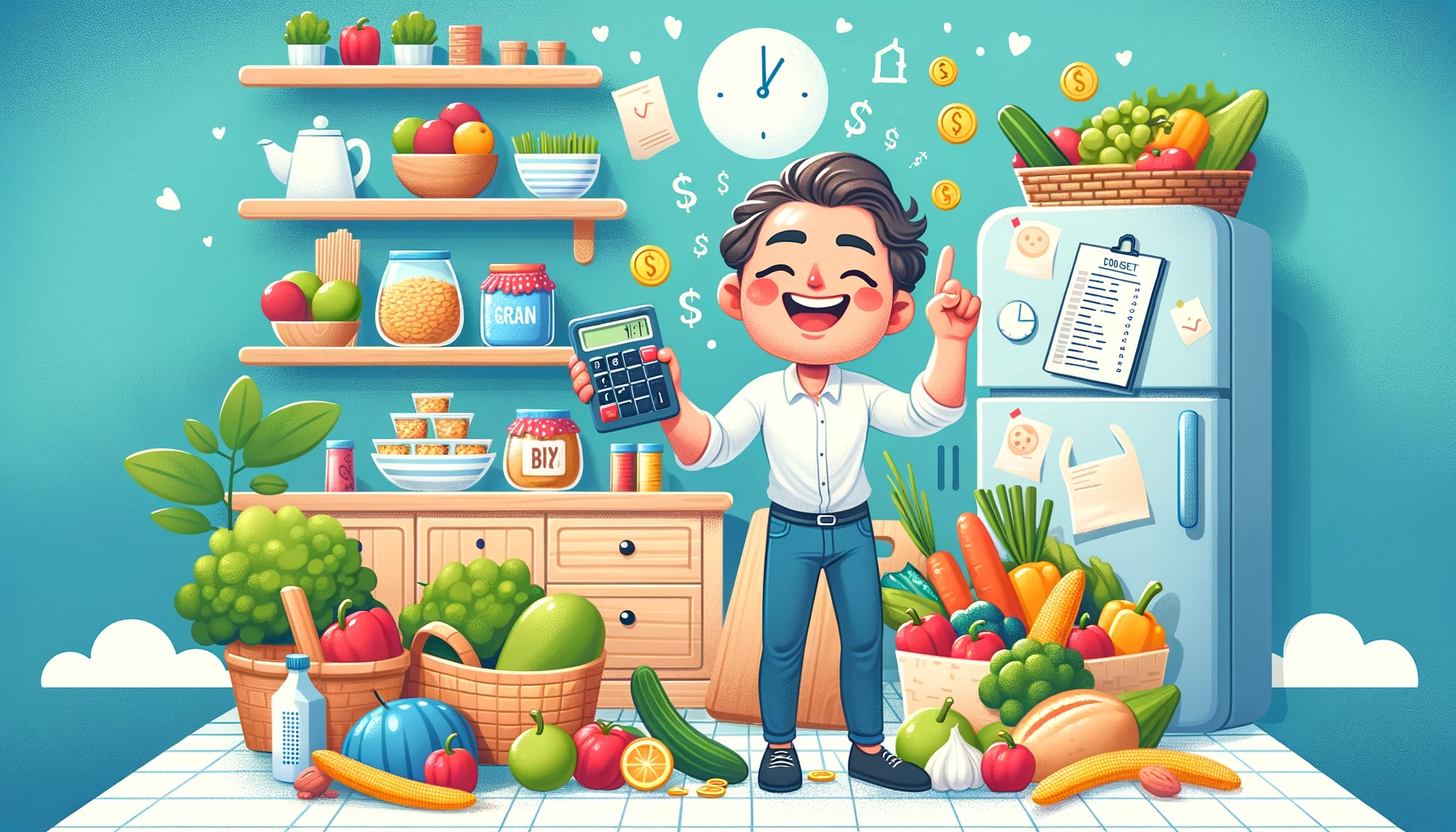 A vibrant cartoon showcases a joyful individual in a well-stocked kitchen, meticulously planning their monthly grocery budget. Surrounded by an array of healthy foods including fruits, vegetables, and grains, the character, with a calculator in one hand and a shopping list in the other, embodies the blend of financial savvy and nutritional awareness. The background is adorned with shelves brimming with various food items, highlighting a balanced diet that's both budget-conscious and nutritionally rich. This playful and inviting image captures the essence of mastering the monthly food budget for a solo shopper, emphasizing the importance of careful planning and budgeting in achieving a healthy lifestyle.