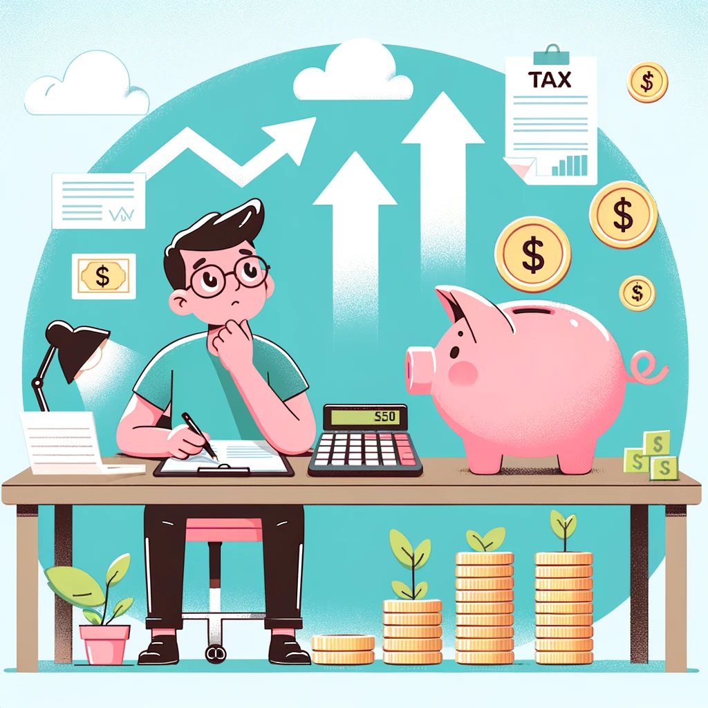 A cartoon illustration showing a person thoughtfully managing their finances at a desk, complete with a calculator, financial documents, and symbols of savings growth like rising arrows and coins. The individual gazes at a piggy bank overflowing with coins, to which a small, adorable tax form is attached, highlighting the theme of tax considerations on savings account interest. The scene is set against a light, unobtrusive background, emphasizing the act of tax management for enhancing savings growth, designed to be visually appealing across various digital devices.