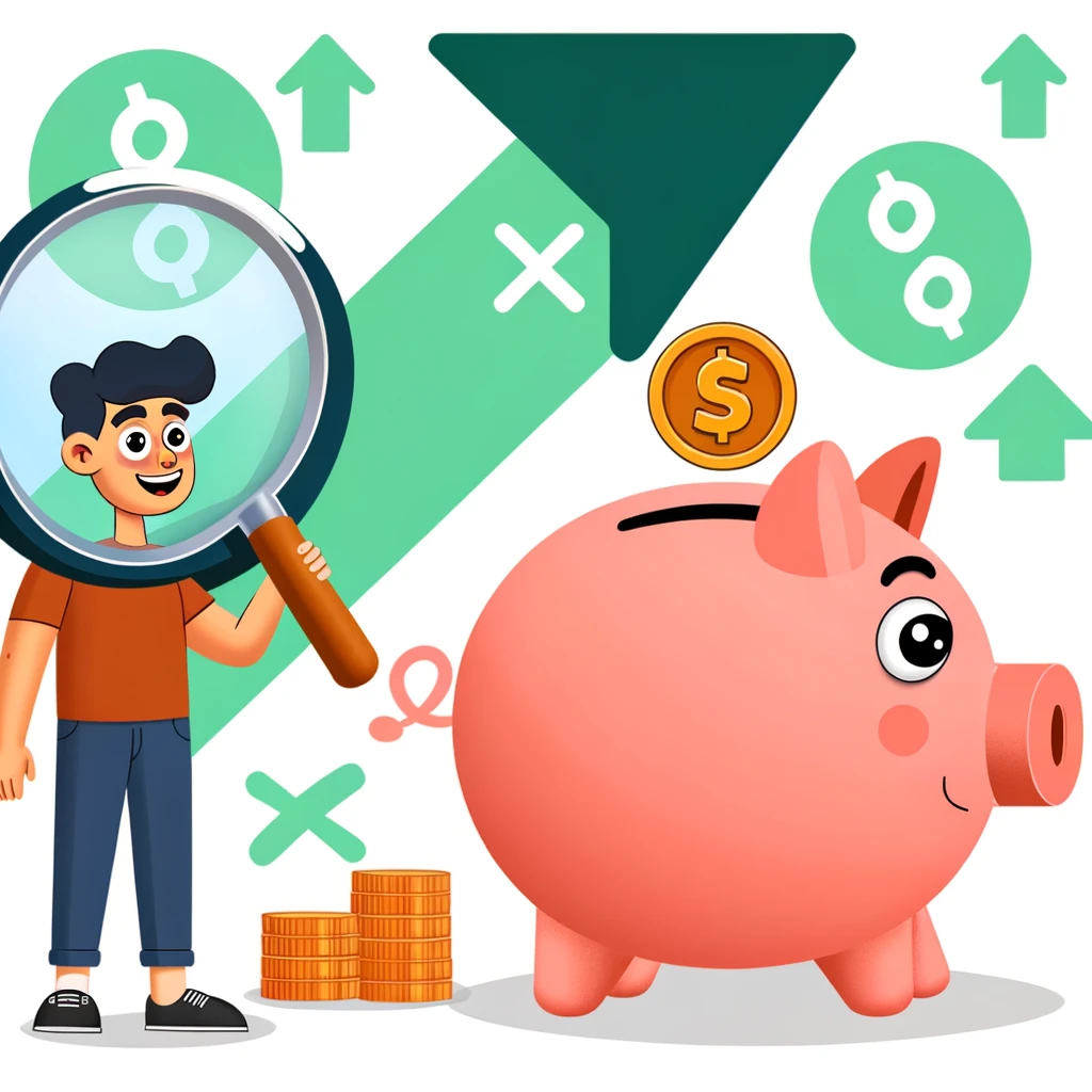 A cheerful cartoon character examines a giant piggy bank with a magnifying glass, symbolizing the strategic analysis of savings account interest rates. The piggy bank, brimming with coins and dollar signs, represents the potential for financial growth through savvy account selection. In the background, icons of percentage signs and upward arrows highlight the importance of maximizing returns by understanding and leveraging interest rates. This playful and educational illustration encourages viewers to explore their savings account options for better financial outcomes.