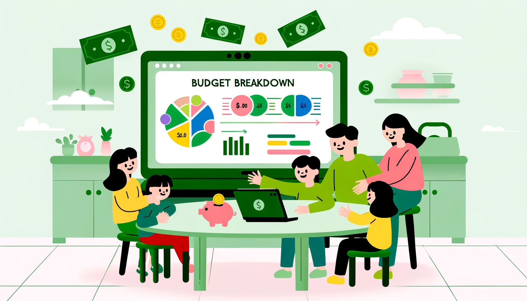 A cartoon image portrays a family of four—two adults and two children—gathered around a kitchen table, intently looking at a laptop screen displaying a vibrant budget breakdown chart. The scene, set against a backdrop of money green, symbolizes financial management and health. Around them, symbols of savings, including piggy banks and coins, underscore the theme of prudent budgeting for future goals while enjoying present moments. The family's collaborative and joyful demeanor highlights the essence of managing personal and family finances together, embodying the spirit of 'The Essential Guide to Budget Breakdown for Individuals and Families.'