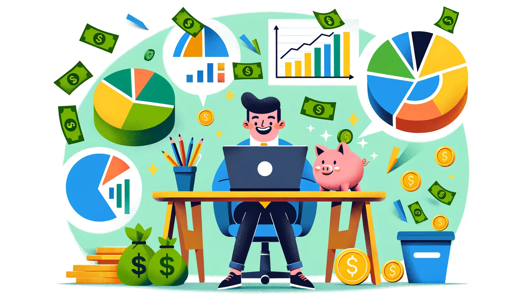 A vibrant cartoon depicts a cheerful individual at a desk, engaging with a laptop that showcases colorful pie charts and graphs, symbolizing the management of personal finances. Surrounded by symbols of savings like piggy banks, coins, and bills, the scene is set against a money green background, illustrating the successful application of the 50/20/30 budget rule for balanced financial planning. The playful and engaging style of the image captures the essence of effectively balancing spending, saving, and enjoying life.