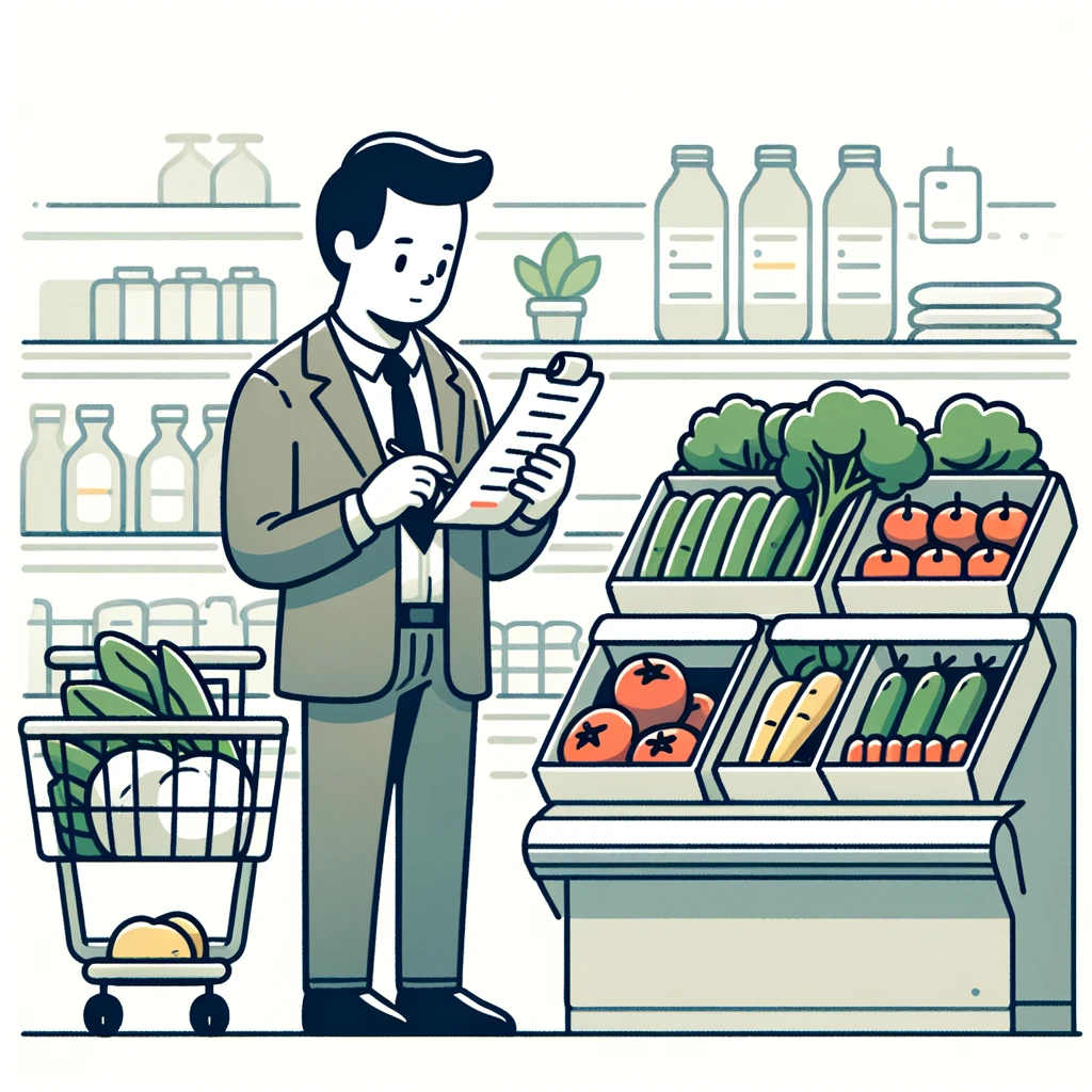 A minimalist cartoon illustration showcases an individual in a grocery store, engaging in mindful shopping. The person stands in the produce section, carefully selecting vegetables while consulting a shopping list held in their other hand. The scene is simplified, emphasizing the importance of planning and informed decision-making in a budget-friendly grocery shopping experience. The shopper's focused and determined demeanor reflects a strategic approach to purchasing, embodying the principles of budgeting and minimizing waste. This image encapsulates the essence of making thoughtful choices at the grocery store, guided by a pre-planned list.
