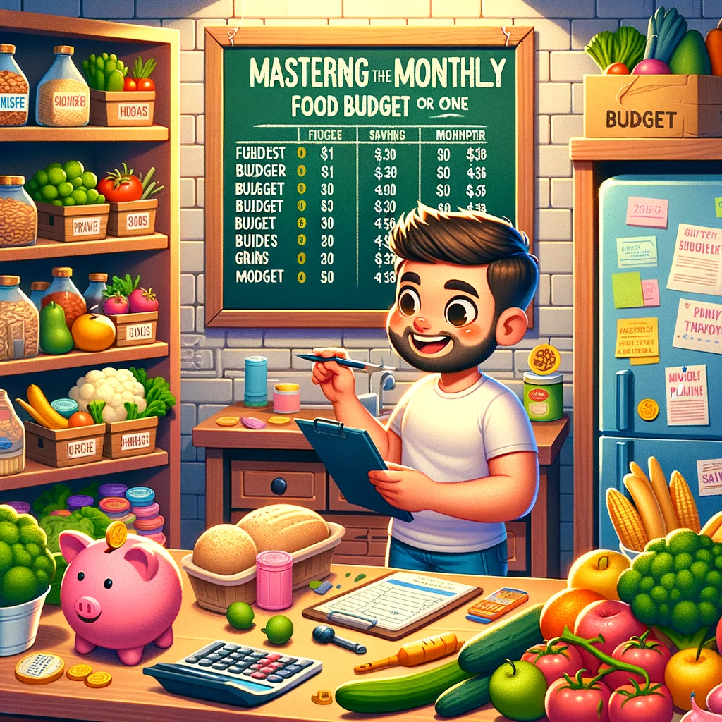 The image depicts a cheerful individual in a well-organized kitchen, engaged in planning a monthly food budget. They stand at a kitchen counter filled with an assortment of healthy foods, including fruits, vegetables, grains, and proteins, all neatly arranged on shelves and in baskets. In one hand, the character holds a shopping list and a pen, while a calculator, budget list, and a piggy bank indicating savings are prominently displayed on the counter beside them. The background features a calendar with budget review dates and a chalkboard listing weekly meal plans. This colorful and detailed cartoon illustration embodies the concepts of smart grocery shopping, budget management, and nutritious eating for individuals living on their own.