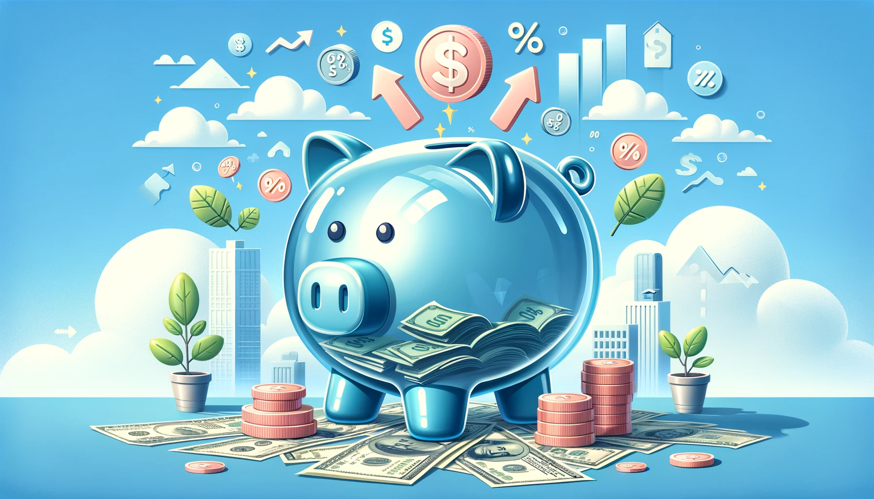 The image portrays a whimsical and engaging scene centered around the theme of financial growth through Tax-Free Savings Accounts (TFSAs). A large, transparent piggy bank dominates the foreground, perched securely atop a mound of assorted currency notes and coins, symbolizing a foundation of wealth and savings. Within the piggy bank, animated financial symbols such as dollar signs, percent signs, and arrows pointing upwards float freely, illustrating the concepts of growth, interest, and the tax-free advantages of TFSAs. The backdrop of the scene is a serene, clear sky dotted with a few fluffy clouds, reinforcing a positive and optimistic outlook on using TFSAs for financial advancement. This light-hearted and accessible visual metaphor effectively communicates the benefits of tax-advantaged savings in a way that's easy to grasp for viewers across various devices, rendered in WebP format for broad compatibility.