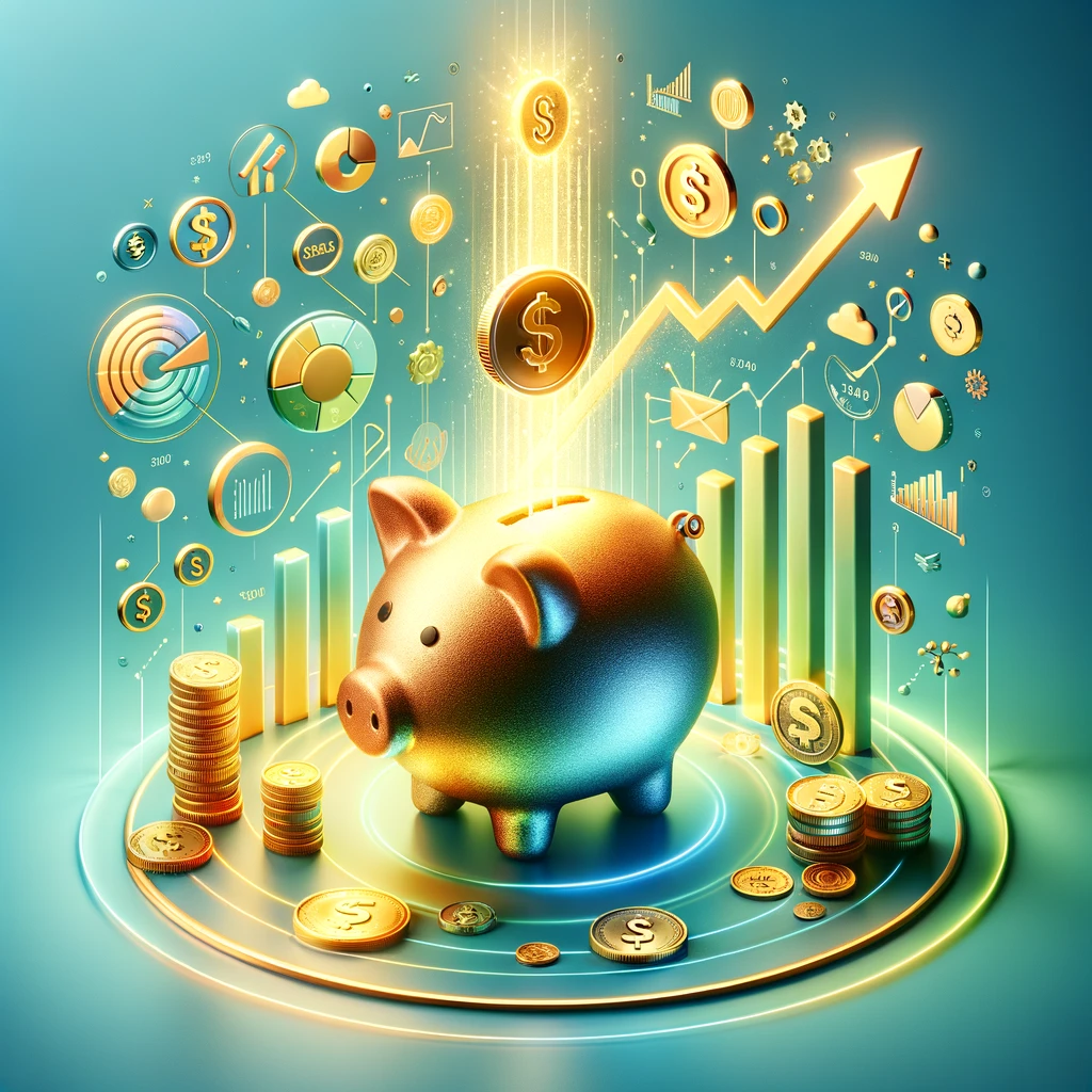 An illustrated feature image showcasing the concept of financial growth and savings, centered around a brightly glowing piggy bank. The piggy bank emits a golden light, symbolizing the security and growth resulting from effective personal savings. Surrounding the piggy bank are floating symbols of financial prosperity, including dollar signs, coins, and ascending graphs, all set against a gradient background transitioning from light blue to green. This backdrop represents a hopeful and financially secure future, visually embodying the strategic insights into personal savings and financial planning.