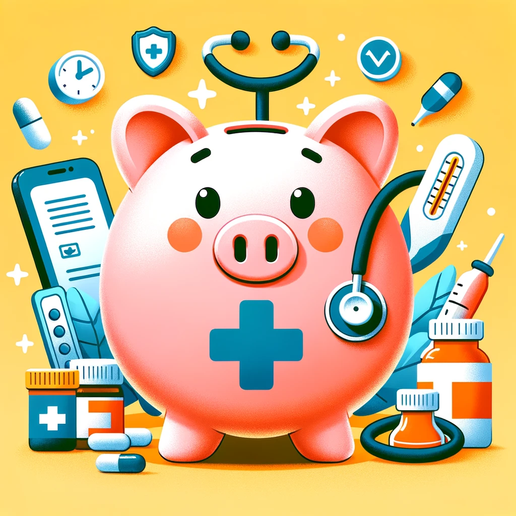A cartoon illustration of a cheerful piggy bank shaped like a medical cross, wearing a stethoscope around its neck. The piggy bank is surrounded by healthcare items, including a thermometer, a medicine bottle, and a bandage, set against a bright and welcoming background, conveying the concept of Medical Savings Accounts in a fun and accessible way.