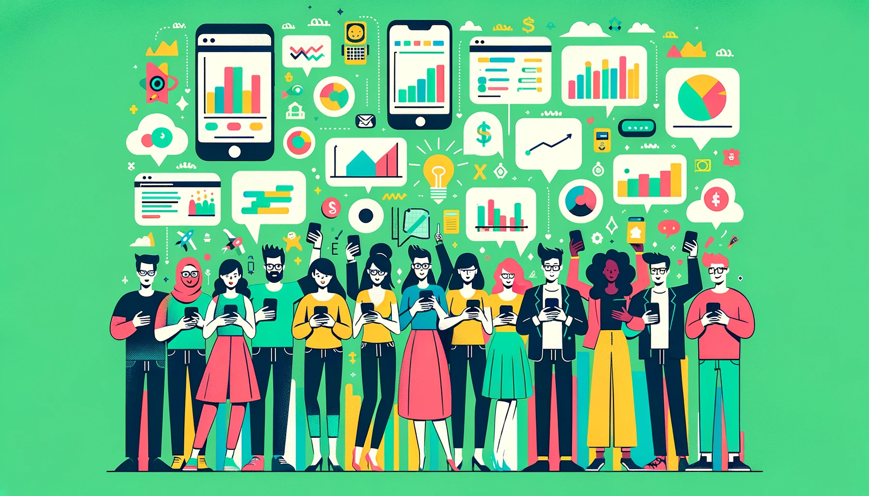 A cartoon image features a diverse group of individuals standing together, each engrossed in their smartphones. The screens display a vivid array of colorful graphs, charts, and numbers, symbolizing the key functionalities of Expense Report Apps like real-time tracking, customizable categories, and detailed financial reports. Set against a backdrop of radiant green, the image conveys financial growth and savvy management. The characters exude enthusiasm and confidence, illustrating the empowerment and simplicity that technology brings to personal finance management. This visual encapsulates the concept of effortlessly navigating finances with the aid of Expense Report Apps, ideal for a feature image on a blog post about choosing the best apps for budgeting needs.