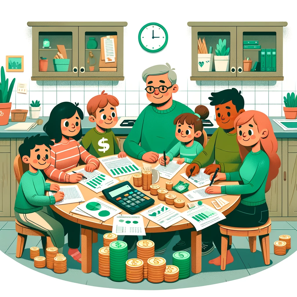 A colorful, simple cartoon image featuring a family of four standing together with a piggy bank in the foreground, symbolizing financial planning and savings. The background is adorned in various shades of green, emphasizing the theme of money and budgeting. The family appears happy and united, illustrating the concept of working together towards financial security and success.