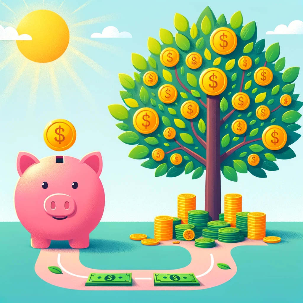 A colorful cartoon depicting a smiling piggy bank on the left and a vibrant tree with coins and dollar bills as leaves on the right, symbolizing the transition from savings to investments for financial growth. A path connects the piggy bank to the tree against a sunny background, illustrating the journey towards financial stability and prosperity.