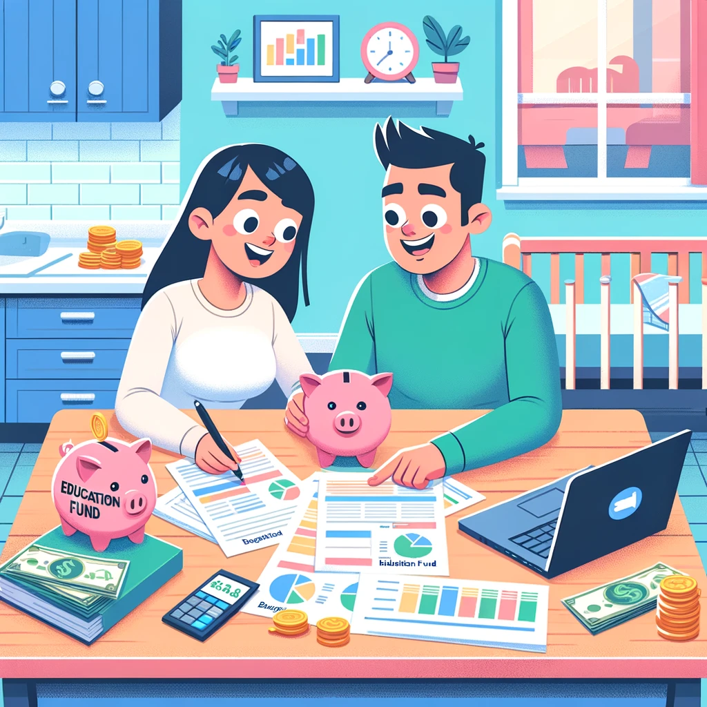 New parents smiling as they plan their baby's future finances at a kitchen table with a piggy bank marked 'Education Fund', documents, and a laptop, with a crib holding a sleeping baby in the background.