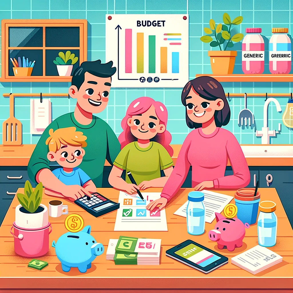 A family of four engaging in financial planning at their kitchen table, surrounded by symbols of savings and smart spending, including a piggy bank, energy-efficient light bulb, and budget papers.