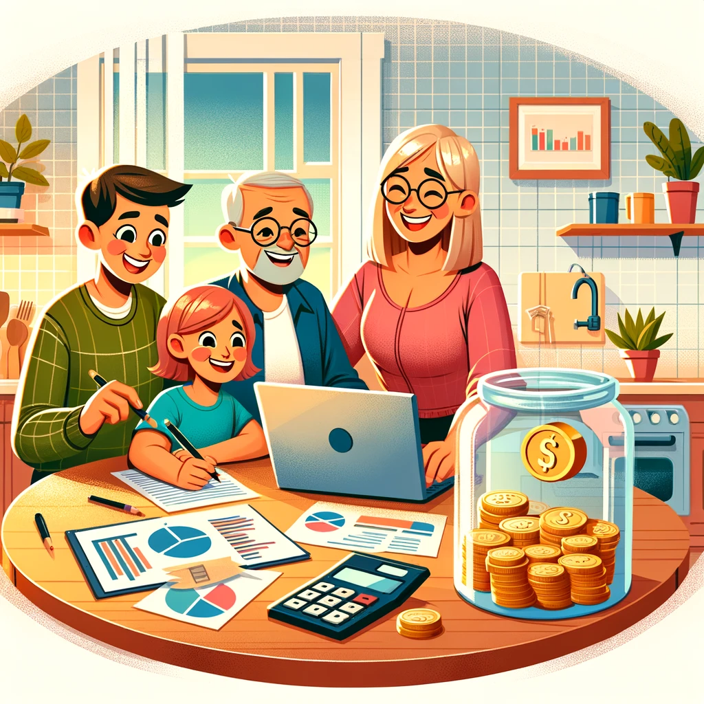 A cheerful family of four is gathered around a kitchen table, engaged in financial planning. They are surrounded by tools like a calculator and a laptop displaying colorful graphs, with a clear jar full of coins in the center, symbolizing savings. The warm, inviting background enhances the scene of financial education and empowerment.