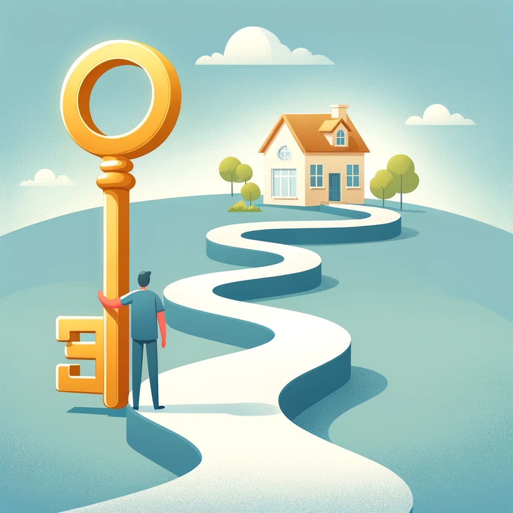 A cartoon depiction of a person joyfully holding a golden key at the start of a winding path leading to a dreamy, stylized house, set against a backdrop of a sunny sky, conveying the hopeful journey to homeownership.