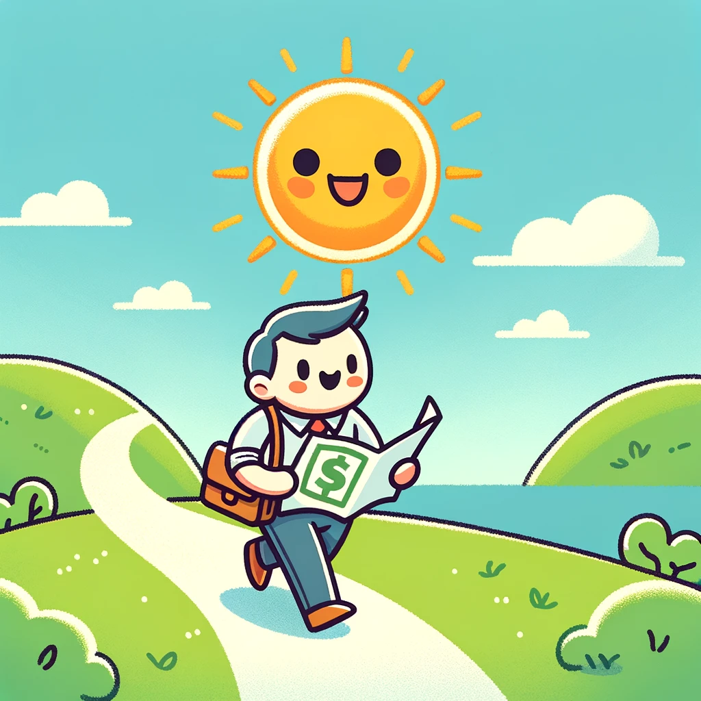 A cheerful cartoon character holding a map and walking on a path towards a radiant sun, symbolizing a hopeful investment journey. The landscape features green hills under a clear blue sky, reflecting optimism and growth potential.