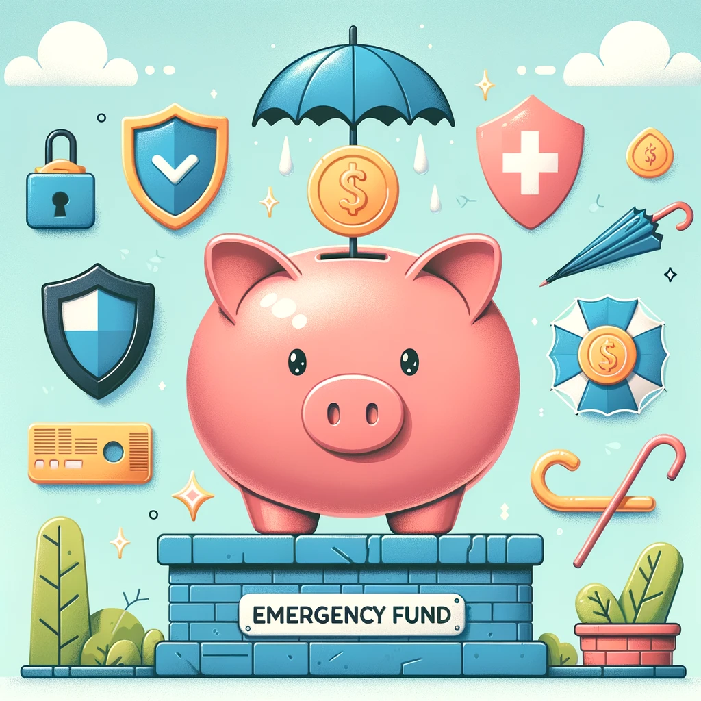 A cartoon image depicting a secure piggy bank on a solid foundation, encircled by a shield, an umbrella, and a safety net, symbolizing financial security and the importance of an emergency fund. The scene radiates a sense of safety and preparedness, with a positive and hopeful ambiance.