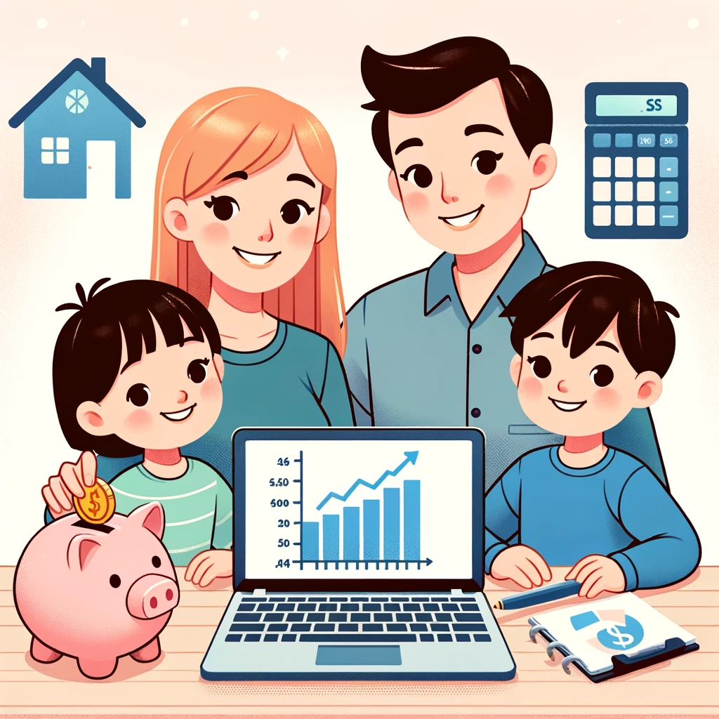 A colorful cartoon illustration of a happy family of four seated around a table, engaging with a laptop displaying budget charts, surrounded by symbols of financial planning including a piggy bank, a calculator, and a representation of a home.