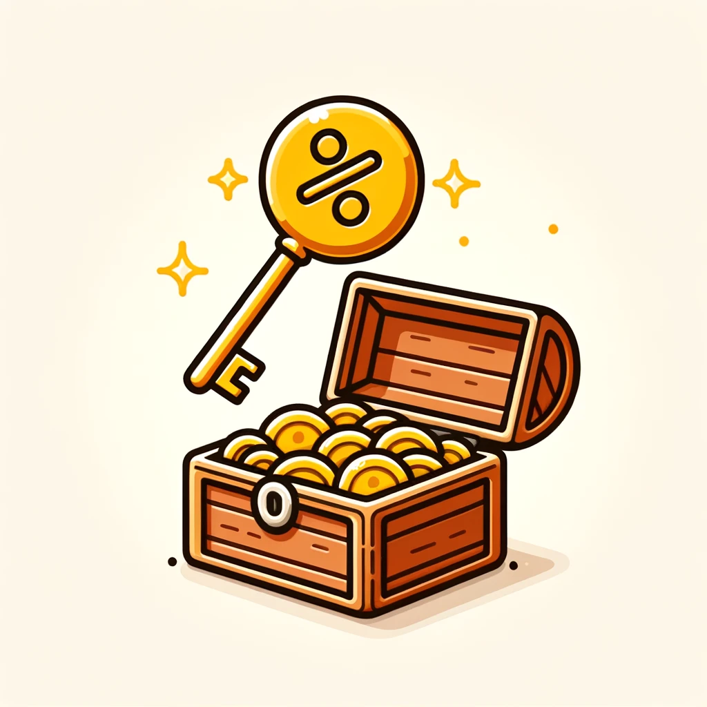 A cartoon golden key with a percentage symbol on its handle floats above a small, open treasure chest filled with gold coins, symbolizing the unlocking of the best interest rates for savings accounts.