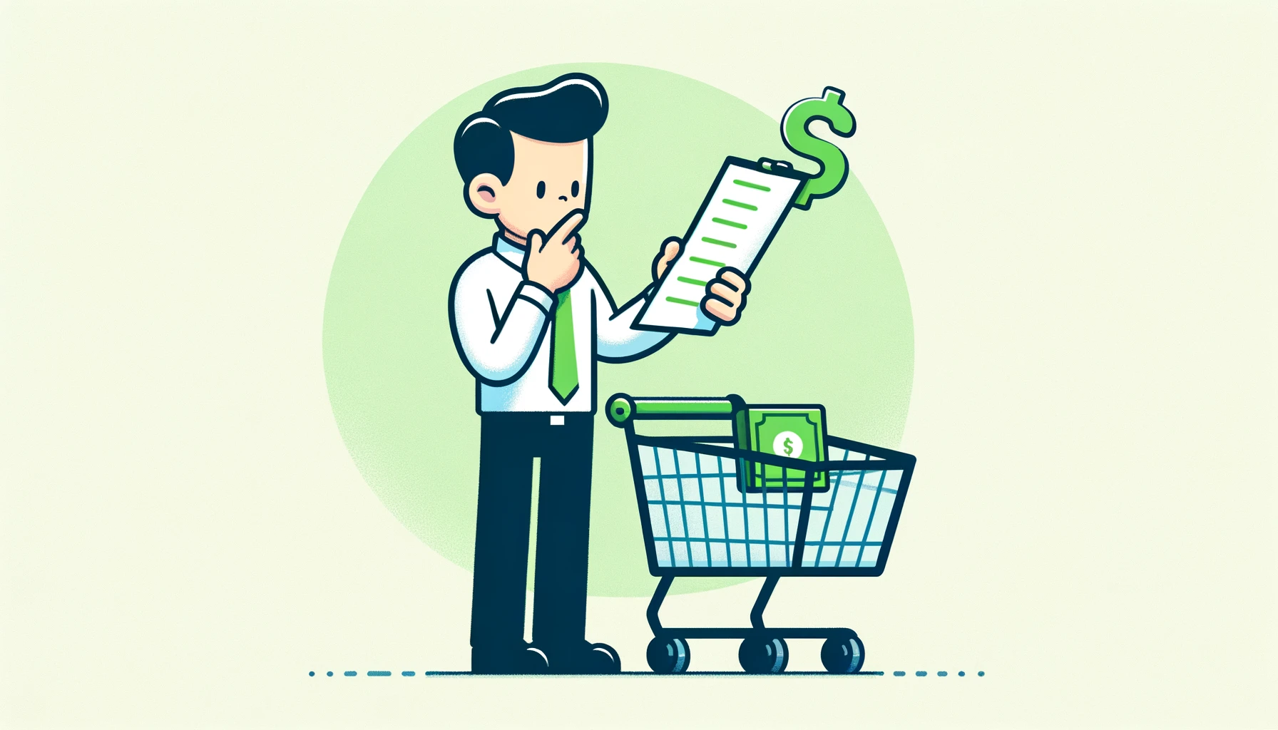 A simple cartoon depiction of a shooper holding a list with his shopping cart and contemplating on what to buy in the shop.