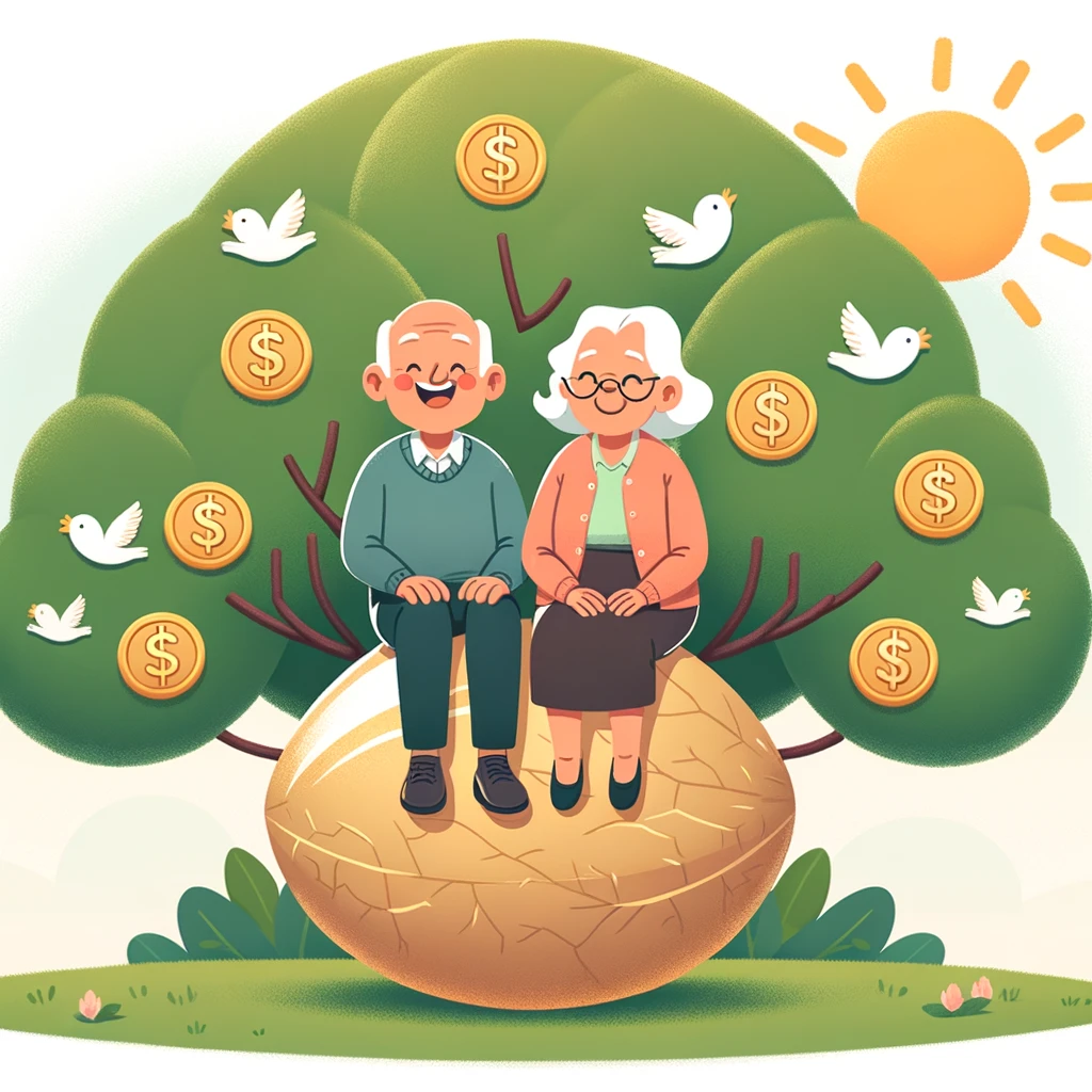 A cheerful elderly couple sits atop a large nest egg, surrounded by a vibrant tree with currency symbol leaves, symbolizing a prosperous retirement achieved through diligent saving and investing.