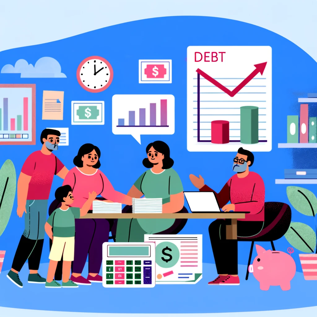 A family gathered around a table, focusing on a laptop with a debt repayment chart, surrounded by financial documents and a piggy bank, illustrating teamwork towards achieving financial freedom.