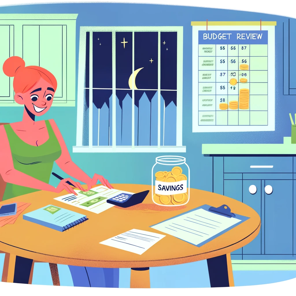 A single parent smiling at a kitchen table with budget papers, a calculator, and a 'Savings' jar full of coins, highlighting effective budget management and optimism for single-income families.