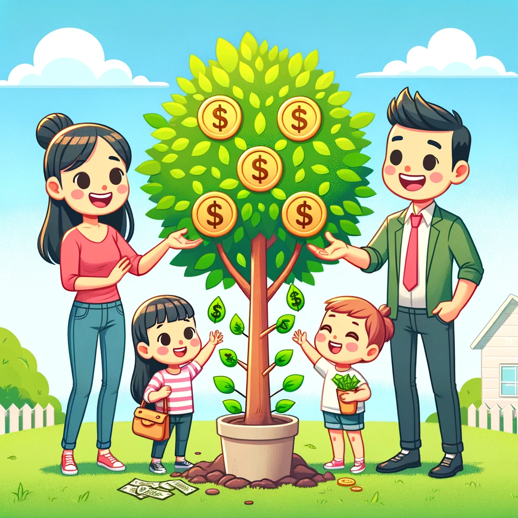 A cartoon image of a happy young family of four planting a tree with leaves shaped like coins and dollar bills in their backyard, symbolizing financial growth and prosperity.