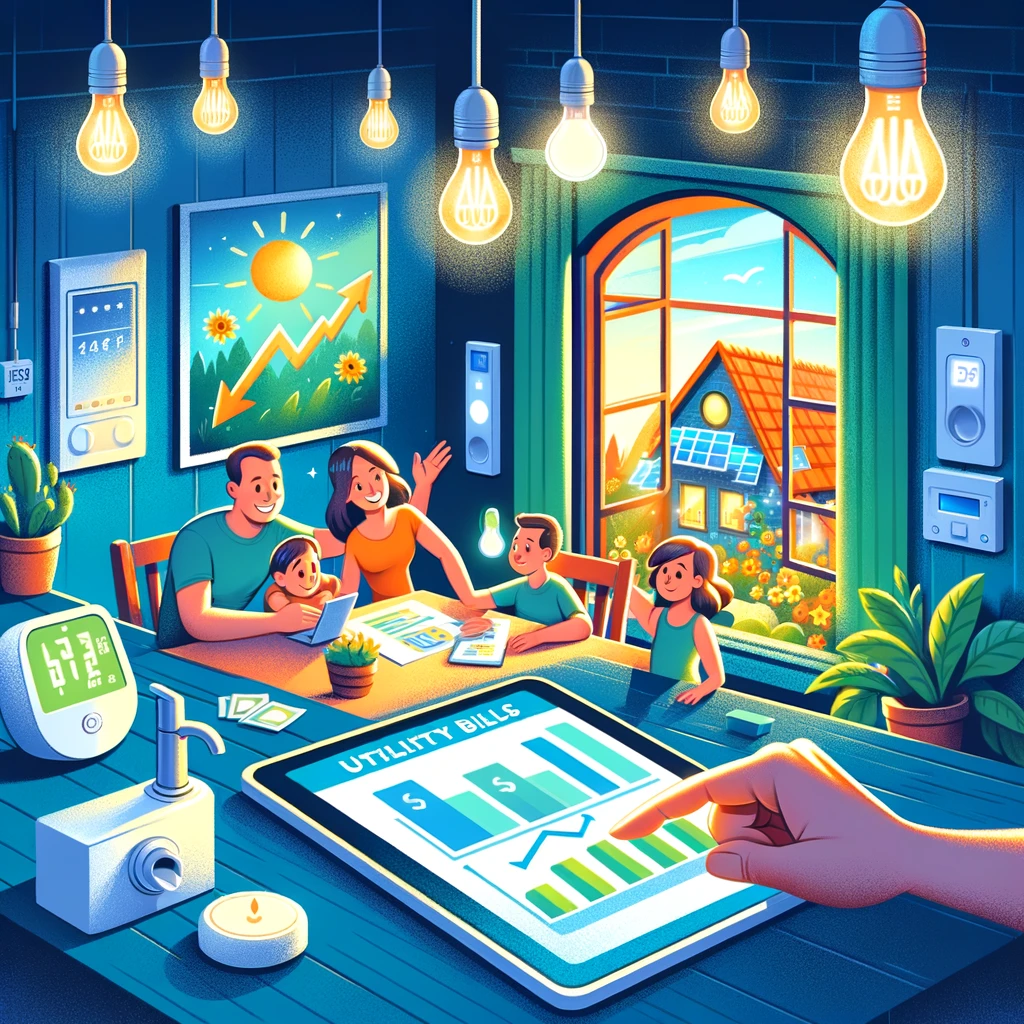 A cartoon image of a joyful family gathered around a table, looking at a tablet displaying graphs with a downward trend, surrounded by energy-efficient devices in a home with solar panels on the roof, symbolizing sustainable living and utility cost savings.