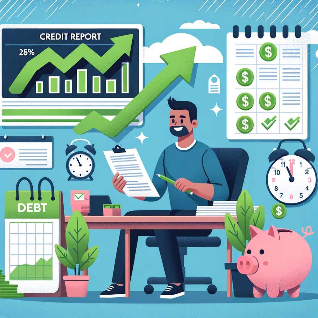 A joyful individual reviews a credit report at a desk, surrounded by icons like a rising credit score arrow, debt reduction graphs, and a piggy bank, symbolizing proactive financial management and credit improvement.