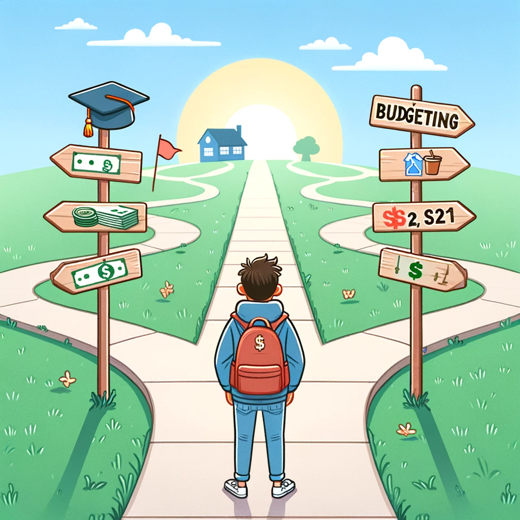 A cartoon image showing a young individual at the beginning of a pathway that forks into several directions, with each path marked by signs symbolizing different student loan repayment strategies. The paths guide towards a bright horizon, indicating financial freedom.