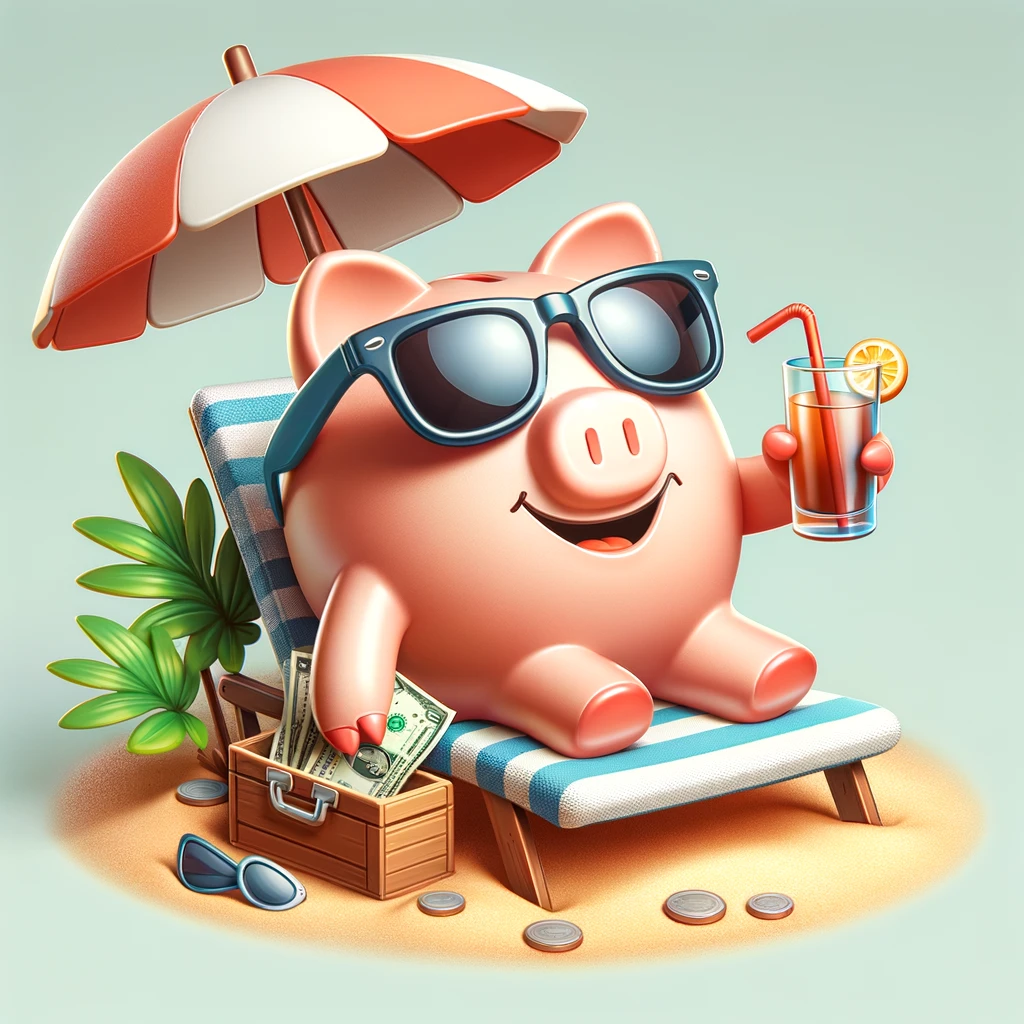 A cartoon piggy bank with sunglasses lounges under an umbrella, holding a drink with its hand, symbolizing vacation saving and relaxation.