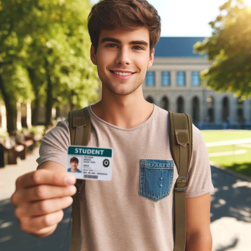 A young male college student in casual attire, holding his ID card towards the camera with a friendly smile. He is standing on a vibrant university campus with trees and buildings in the background. The day is sunny, enhancing the lively atmosphere.