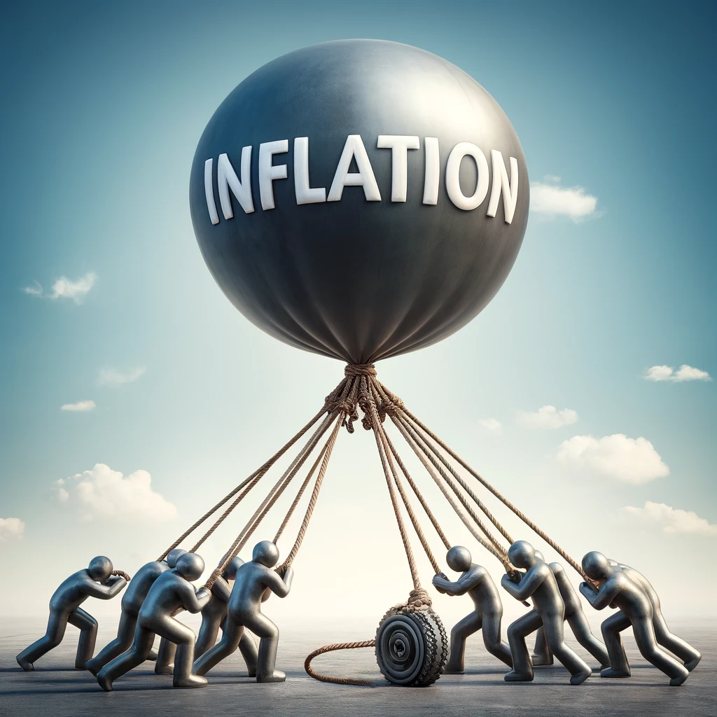 This image depicts a conceptual representation of economic efforts to control inflation. It features a large balloon labeled "Inflation" being restrained by small figures using ropes and weights. These figures symbolize different economic strategies such as "Interest Rates," "Government Spending," and "Monetary Policy." They are shown pulling the balloon down towards the ground against a clear blue sky, visually expressing their collective struggle to mitigate inflation.