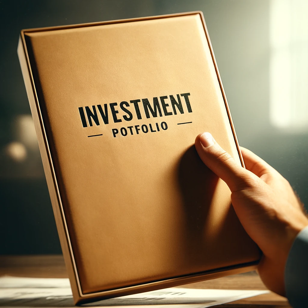 An image depicting a hand presenting a beige folder labeled "Investment Portfolio" in bold, clear font. The background is softly blurred to emphasize the folder and the hand.