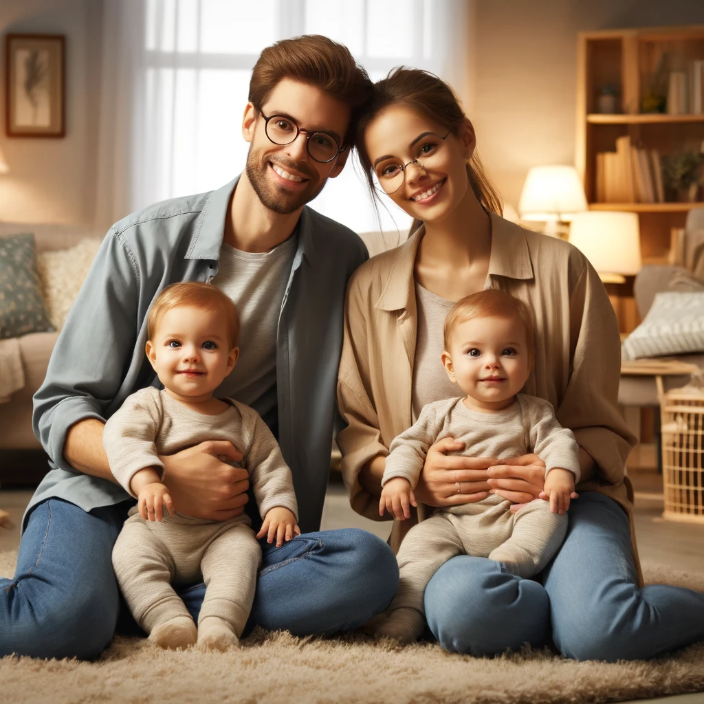 family portrait in a cozy living room, featuring two adults and their twin babies on a fluffy rug, surrounded by books and a couch, all smiling joyfully.