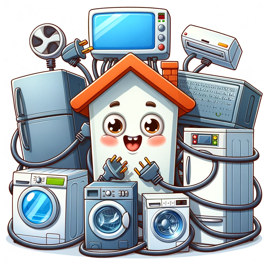 A cartoon shows a house looking overwhelmed by high energy consumption, surrounded by large appliances like a refrigerator, washing machine, and air conditioner with expressive faces, all plugged into the house, illustrating the need to manage energy use.