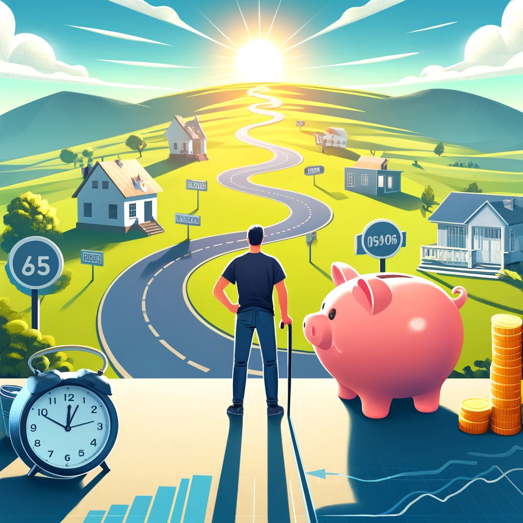 A vibrant, low-angle cartoon image showing a young adult at the beginning of a winding pathway that stretches towards a sunny, inviting retirement village on the horizon. Symbols of retirement savings, such as a piggy bank, a clock, and an upward growth graph, line the path. The individual is taking a confident step forward on this path, embarking on their retirement savings journey. The scene is under a bright, clear sky, symbolizing optimism and a promising future.