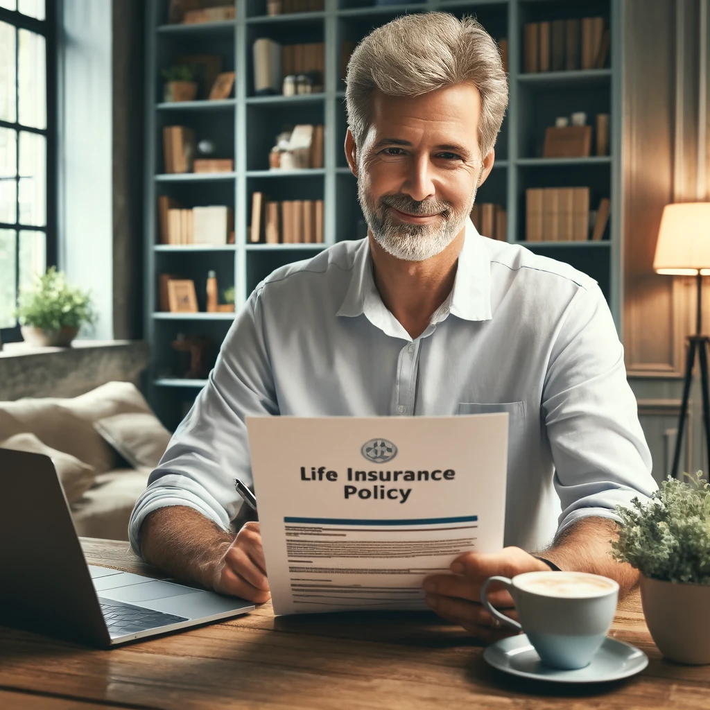 A man sits at a desk in a well-appointed home office, examining a document labeled 'Life Insurance Policy'. The office is warmly lit and features a laptop, a cup of coffee, and bookshelves filled with books, creating a serene and secure atmosphere.