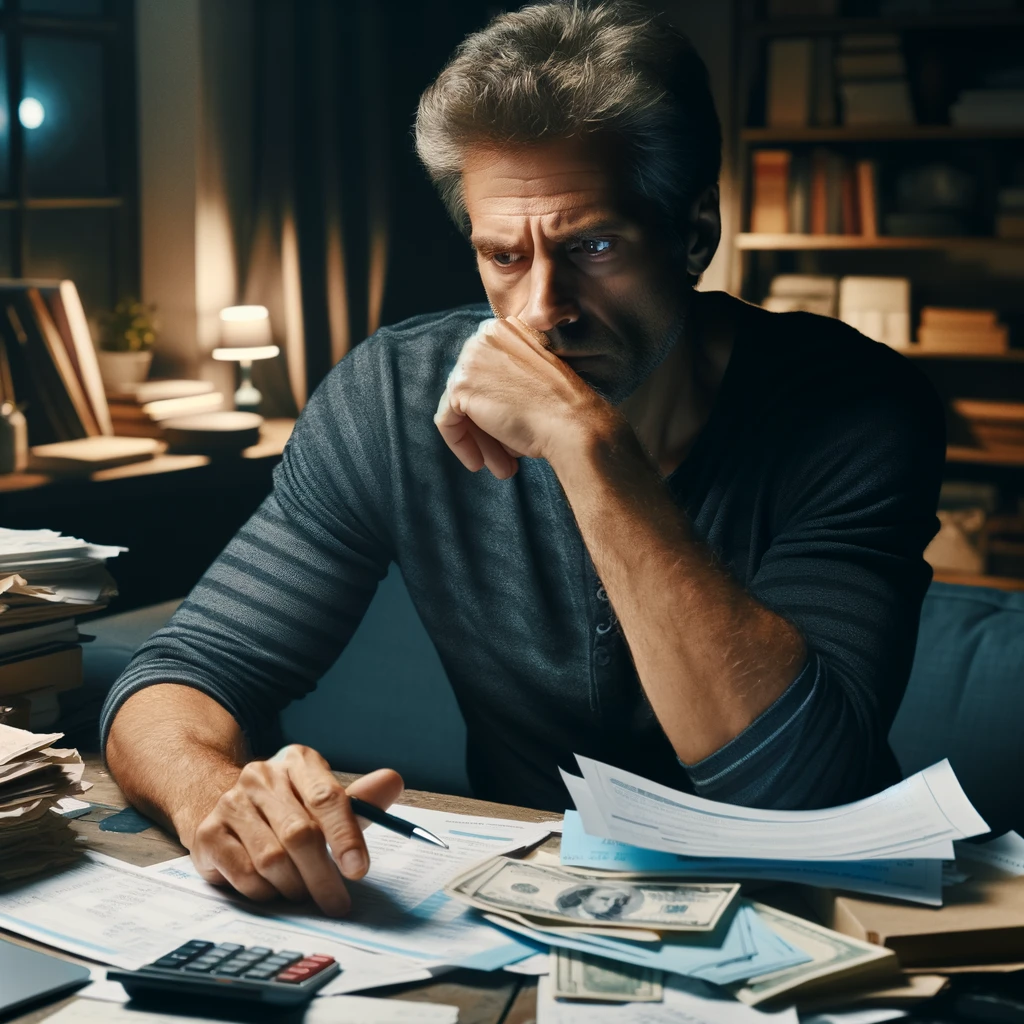 A middle-aged Caucasian man appears deep in thought at a cluttered desk, surrounded by financial documents and a laptop, in a dimly lit room, emphasizing his serious and contemplative expression as he manages his finances during a career change.