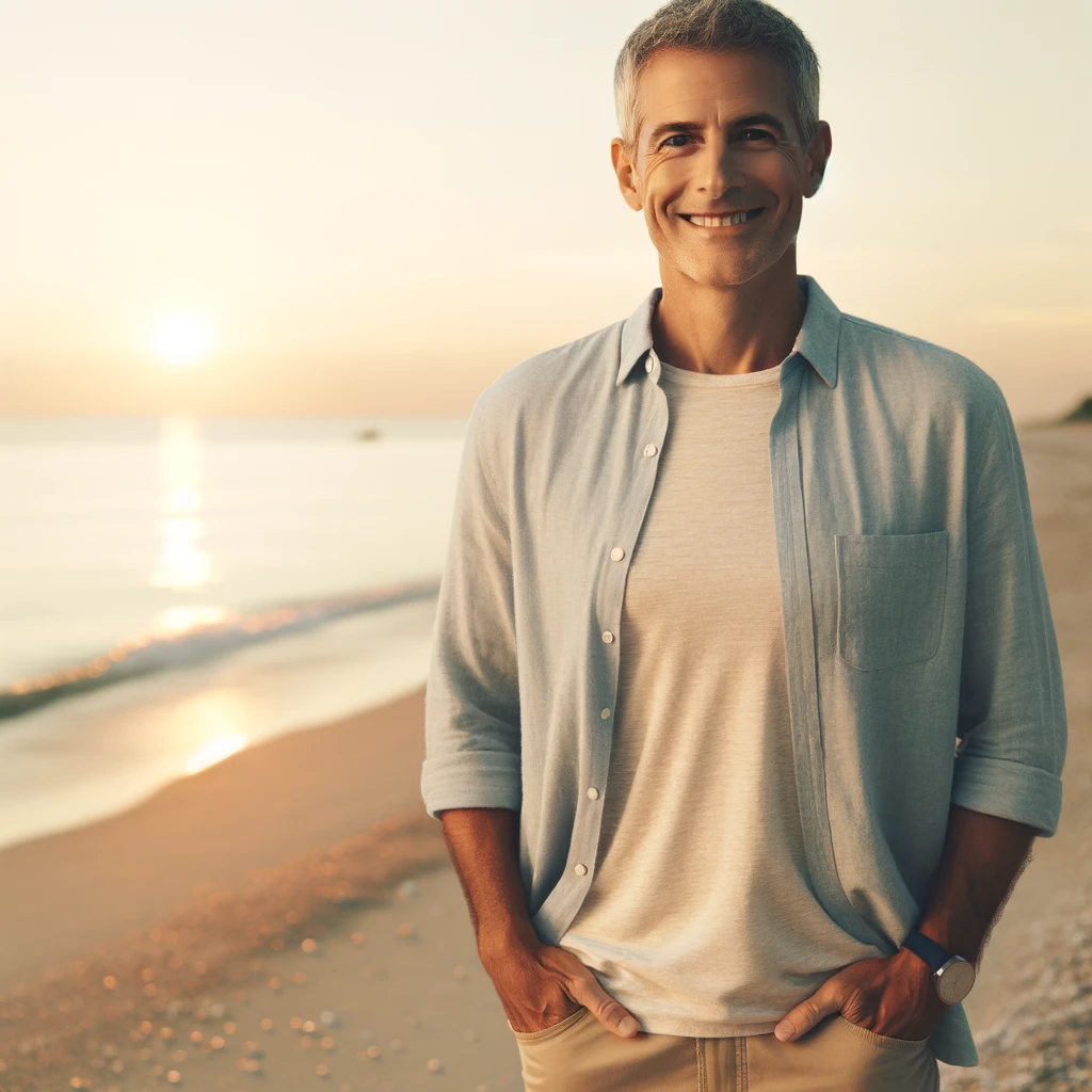 A middle-aged individual stands on a beach at sunset, dressed in casual attire and smiling contentedly. The background features a serene ocean and scattered seashells, highlighted by the warm glow of the setting sun. This scene captures a sense of financial independence and a relaxed lifestyle.