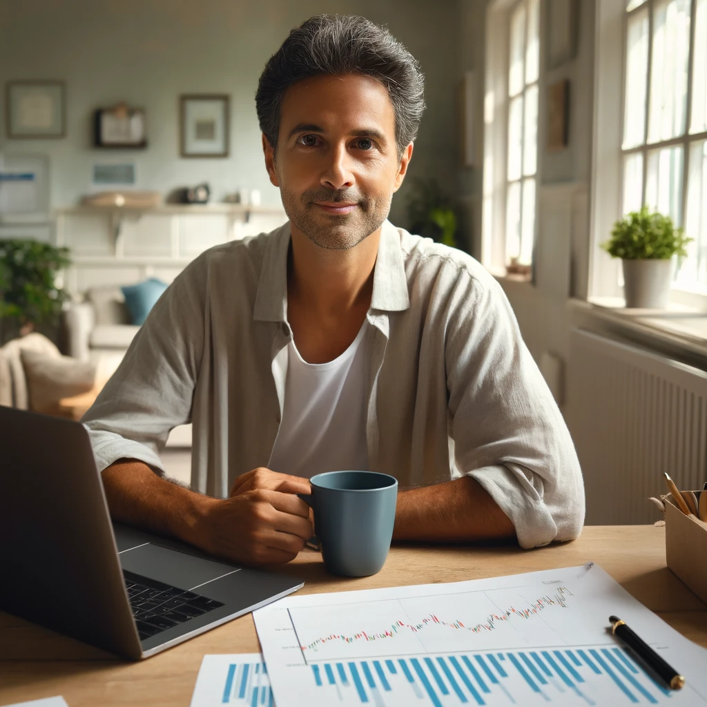 An image of a middle-aged Hispanic person sitting at a desk in a sunny home office, looking at a laptop with financial charts. They appear hopeful and focused, surrounded by papers and a cup of coffee, symbolizing a new beginning in their financial recovery.