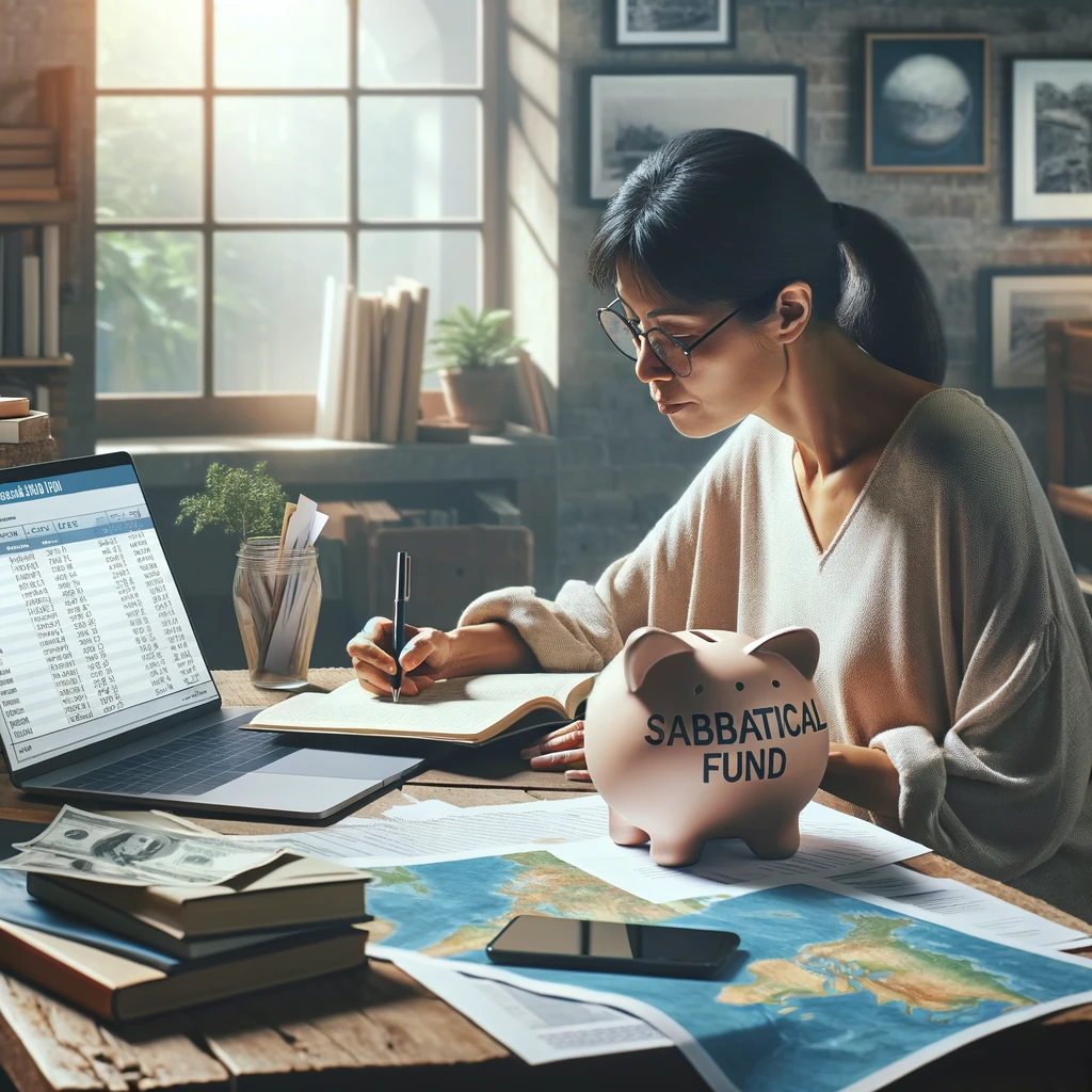 A middle-aged Asian woman sits at her desk in a modern home office, surrounded by financial documents and a laptop displaying a spreadsheet. She writes notes diligently, with travel books and a world map spread out before her. A piggy bank labeled 'Sabbatical Fund' is also on the desk. The room has a large window offering a view of a serene garden.