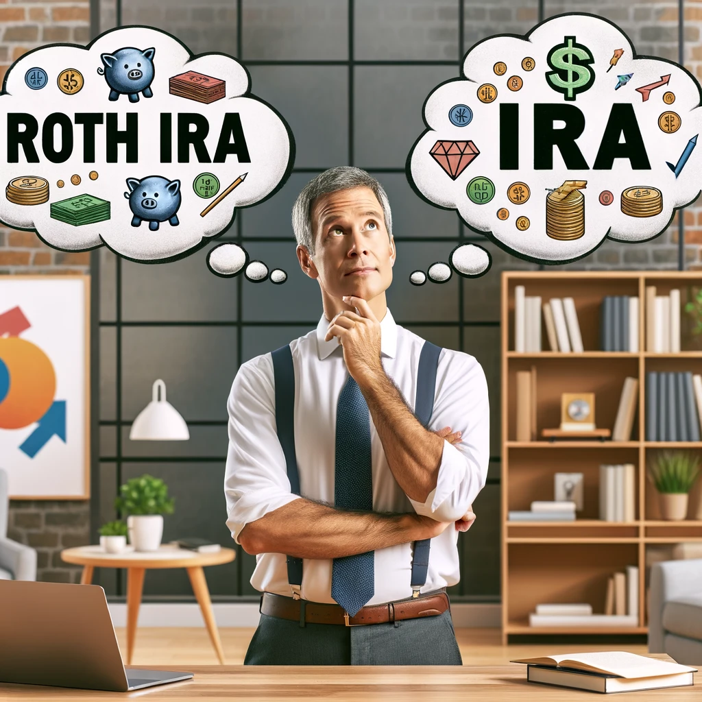 An image of a middle-aged person of ambiguous ethnicity, standing in a modern office, looking thoughtfully upwards. Above their head are two thought bubbles: one labeled 'Roth IRA' filled with colorful graphics and bullet points, and the other labeled 'IRA' in a similar style. The setting includes a desk with a laptop and books, emphasizing a financial decision-making theme.