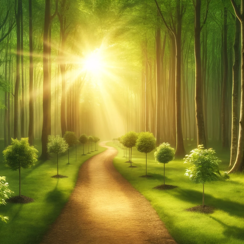 A serene path winds through a lush, sunlit forest, symbolizing the beginning of a journey in investment with potential for growth and simplicity.