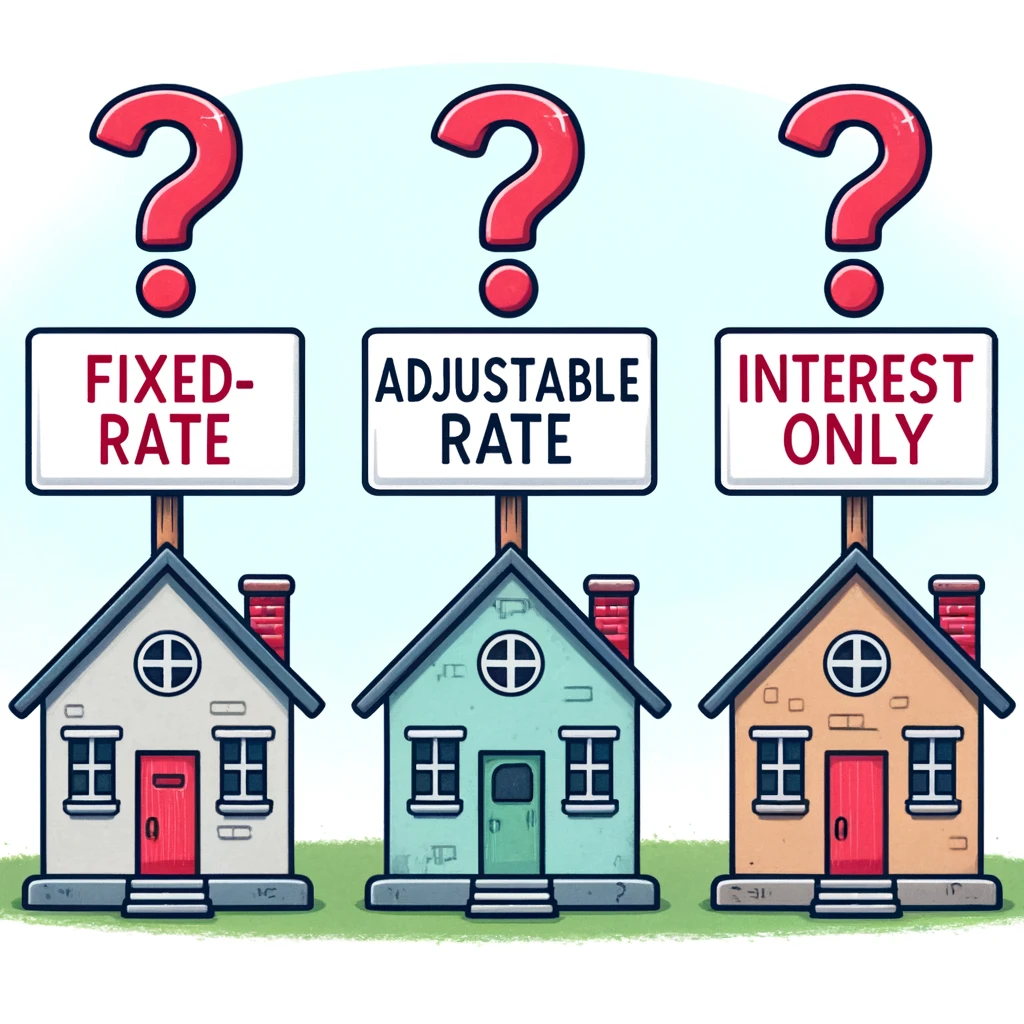 A cartoon of three houses representing different mortgage types: Fixed-Rate, Adjustable-Rate, and Interest-Only, with the Interest-Only house marked by a question mark, indicating uncertainty.