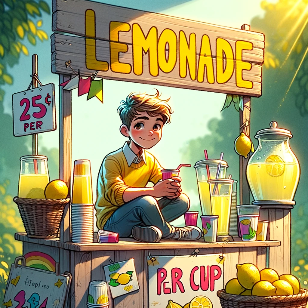 A cheerful teenager sits at a brightly colored lemonade stand on a sunny day, selling homemade lemonade for 25 cents per cup. The stand is decorated with a playful sign displaying the price, surrounded by cups of lemonade, a pitcher filled with the refreshing drink, and slices of lemon, creating a scene of youthful entrepreneurship and community engagement.