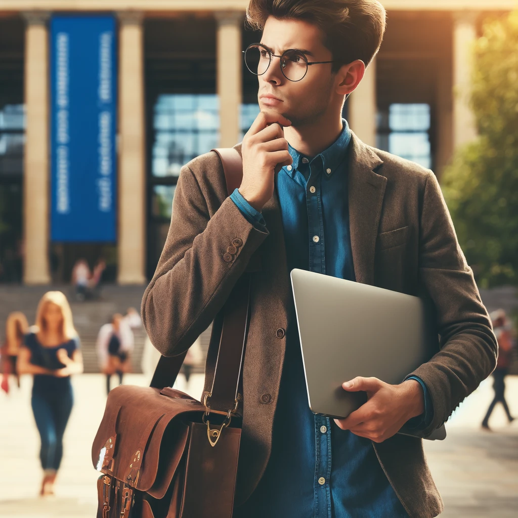 A student in glasses stands thoughtfully on a bustling university campus, holding a laptop in one hand and a bag slung over the other shoulder, symbolizing the contemplation of financial decisions related to student loans.