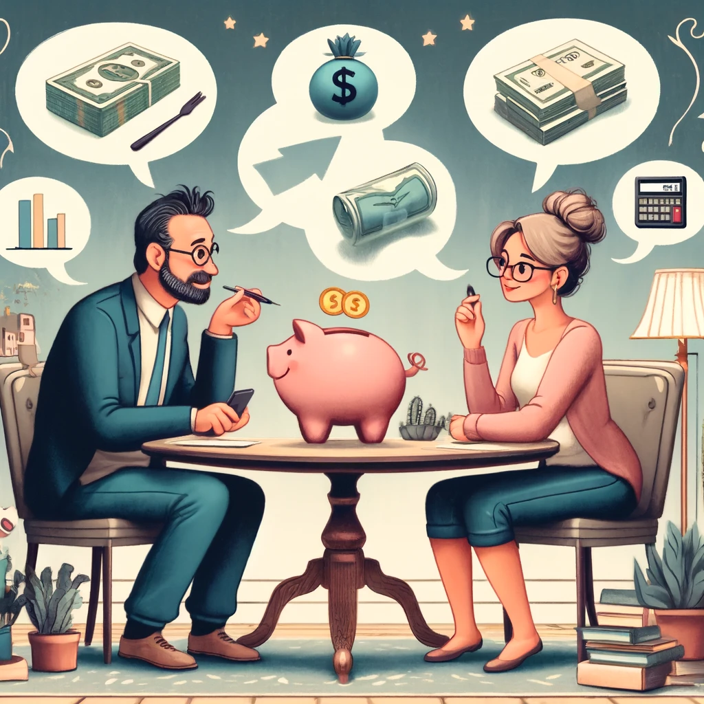 A cartoon image of a couple engaged in a financial discussion at a table, with symbols of individual bank cards and a shared piggy bank floating around them, depicting the choice between separate and joint finances in a cozy home setting.