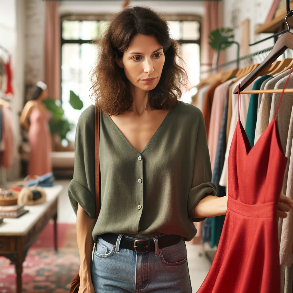 A woman in her thirties with curly brown hair, dressed in a green blouse and jeans, looks thoughtful as she holds a red dress in a colorful clothing store. She appears hesitant, surrounded by racks of clothes and other shoppers.