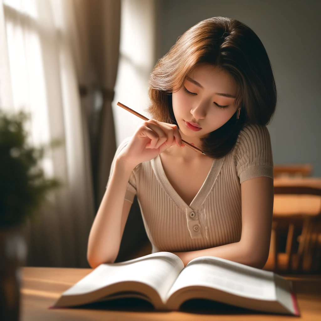 A student sits at a desk, deep in thought with a pencil to her lips, contemplating the open book in front of her in a well-lit study room.