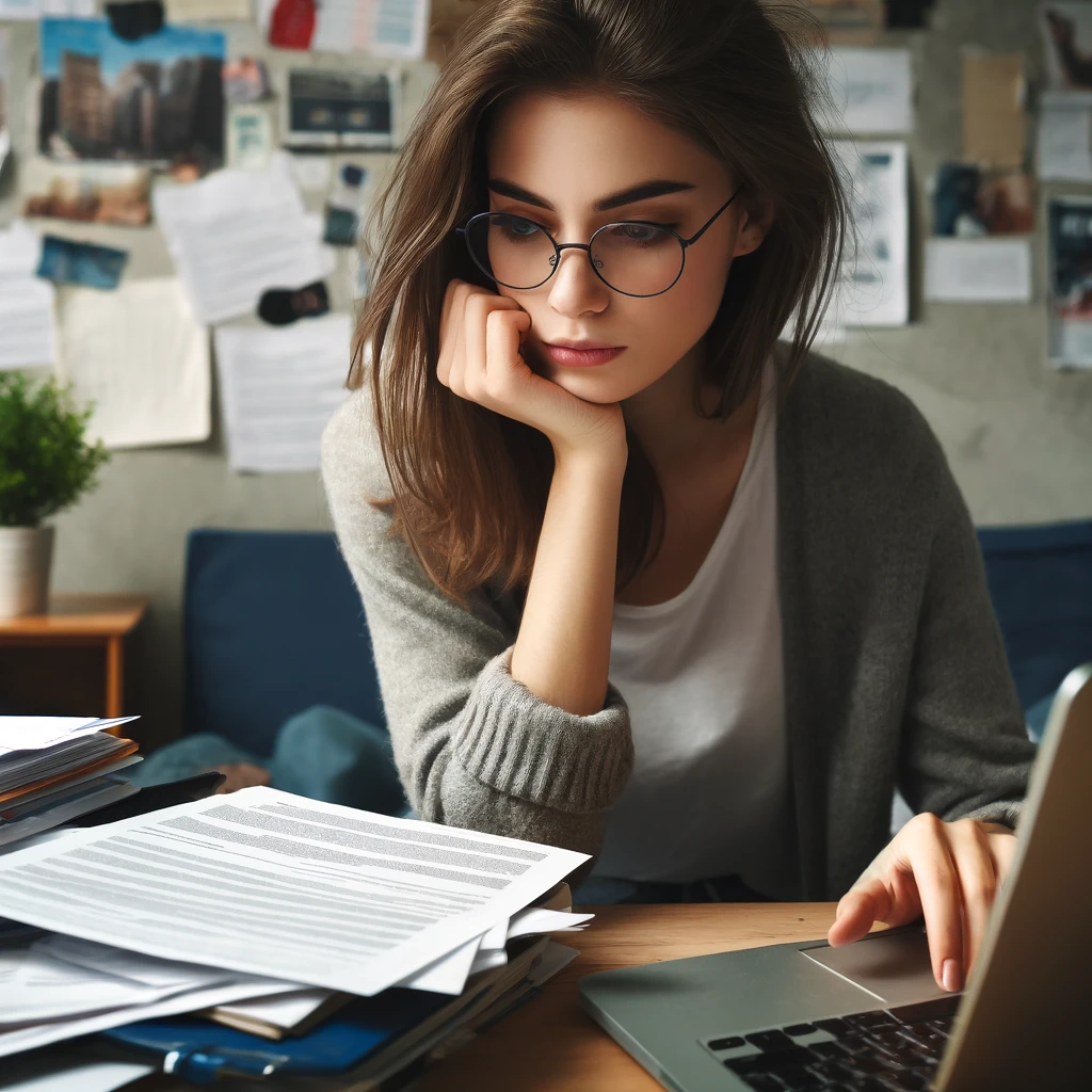 A focused young woman with medium-length brown hair and glasses sits at a cluttered desk in her dorm room, intently researching student loans on her laptop. The room is adorned with educational posters and a small plant adds a touch of greenery to her workspace.